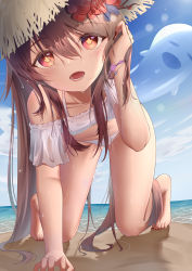 Rule 34 | 1girl, absurdres, adjusting hair, all fours, bare legs, beach, bikini, bingchuan xian yu huang, black nails, bracelet, brown hair, collarbone, day, flower, flower-shaped pupils, genshin impact, hair flower, hair ornament, hat, highres, hu tao (genshin impact), jewelry, long hair, looking at viewer, nail polish, ocean, open mouth, outdoors, red eyes, red flower, short sleeves, solo, straw hat, swimsuit, symbol-shaped pupils, very long hair, white bikini