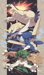 Rule 34 | animal focus, arrow (projectile), beak, bird, black background, closed mouth, commentary request, creatures (company), decidueye, embers, fangs, fire, game freak, gen 2 pokemon, gen 5 pokemon, gen 7 pokemon, highres, holding, holding sword, holding weapon, makoto ikemu, nintendo, no humans, open mouth, orange eyes, owl, pillarboxed, pokemon, pokemon (creature), red eyes, samurott, signature, skin fangs, snout, standing, sword, talons, teeth, tongue, typhlosion, weapon