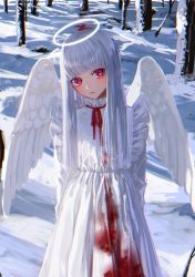 Rule 34 | 1girl, absurdres, angel, arms behind back, blood, blood on clothes, blunt bangs, blunt ends, closed mouth, cowboy shot, day, dress, feathered wings, forest, frilled dress, frills, frown, glowing, grey hair, halo, head tilt, highres, long hair, long sleeves, looking at viewer, nature, neck ribbon, original, outdoors, red eyes, red ribbon, ribbon, snow, solo, straight hair, ume neko (otaku-nyanko), white dress, white hair, white wings, wings