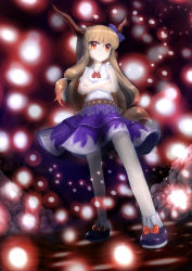 Rule 34 | 1girl, brown hair, crossed arms, from below, full body, highres, horns, ibuki suika, light particles, long hair, red eyes, smile, solo, standing, touhou, zimajiang
