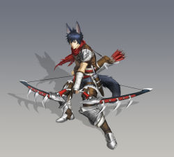 Rule 34 | 1boy, animal ears, armor, arrow (projectile), belt, blue hair, boots, bow (weapon), bracer, brown footwear, drawing bow, fox ears, fox tail, full body, grey background, highres, holding, holding bow (weapon), holding weapon, kkulppangg, knife, male focus, original, quiver, red scarf, scarf, shadow, sheath, sheathed, shorts, shoulder armor, standing, tail, thigh boots, thighhighs, weapon