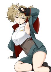 Rule 34 | 1girl, armpits, asticassia school uniform, bodystocking, breasts, brown eyes, brown hair, covered navel, crop top, fang, fingerless gloves, gloves, green jacket, green shorts, gundam, gundam suisei no majo, hair between eyes, highres, jacket, large breasts, looking at viewer, medium breasts, open mouth, renee costa, school uniform, shirt, shorts, simple background, skin fang, sky-freedom, sleeveless, sleeveless turtleneck, solo, thighs, turtleneck, twintails, white background