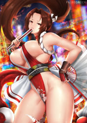 Rule 34 | 1girl, bare shoulders, breasts, brown eyes, brown hair, center opening, cleavage, cyicheng, dress, fatal fury, fire, folding fan, forehead, hand fan, high ponytail, holding, holding fan, japanese clothes, large breasts, long hair, looking at viewer, no bra, parted bangs, pelvic curtain, ponytail, red dress, revealing clothes, sash, shiranui mai, sideboob, smile, snk, solo, the king of fighters, thick thighs, thighs