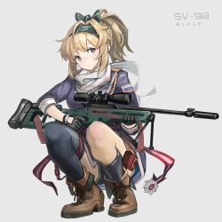 Rule 34 | 1girl, asymmetrical legwear, blonde hair, blue shirt, bolt action, brown footwear, commentary request, full body, girls&#039; frontline, gloves, grey background, gun, hairband, holding, holding weapon, kesomaru, long hair, looking at viewer, mismatched legwear, ponytail, red eyes, rifle, russian flag, scarf, shirt, shoes, short hair, shorts, smile, sniper rifle, solo, sv-98, sv-98 (girls&#039; frontline), thighhighs, title, weapon, white scarf