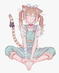 Rule 34 | 1girl, :&lt;, alternate costume, animal ears, animal print, aqua overalls, asymmetrical hair, black bow, black collar, blackmilaifu3, blush stickers, bow, brown hair, butterfly sitting, cat ears, cat girl, cat tail, collar, commentary, fish hair ornament, fish print, full body, fumino tamaki, gradient hair, hair ornament, hands on own legs, highres, looking up, multicolored hair, nijisanji, no shoes, overalls, pants, pants rolled up, shirt, short sleeves, simple background, sitting, socks, solo, symbol-only commentary, tail, tail bow, tail ornament, tail raised, twintails, v arms, virtual youtuber, white background, white shirt, white socks