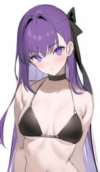 Rule 34 | 1girl, absurdres, bad id, bad twitter id, bare shoulders, bikini, black bikini, blush, breasts, choker, collarbone, fate/extra, fate/extra ccc, fate/grand order, fate (series), highres, long hair, looking at viewer, meltryllis (fate), navel, purple eyes, purple hair, small breasts, solo, spider apple, swimsuit, very long hair, white background