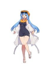 Rule 34 | + +, 1girl, bare shoulders, black one-piece swimsuit, blue hair, breasts, brown eyes, commentary, copyright request, eyewear on head, flower, flower wreath, full body, head wreath, highres, jacket, lansane, large breasts, long hair, long sleeves, looking at viewer, off shoulder, one-piece swimsuit, orange flower, puffy long sleeves, puffy sleeves, sandals, simple background, skindentation, sleeves past wrists, solo, standing, standing on one leg, sunglasses, swimsuit, swimsuit under clothes, symbol-only commentary, thigh gap, very long hair, white background, white footwear, white jacket