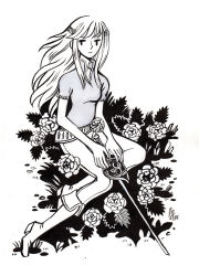 Rule 34 | 1girl, boots, breasts, closed mouth, commentary, commission, english commentary, flower, grass, greyscale, heikala, leaf, light smile, long hair, looking to the side, monochrome, original, short sleeves, sitting, small breasts, solo