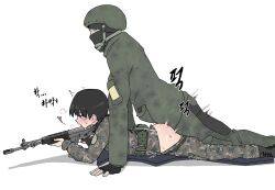 Rule 34 | 1boy, 1girl, arm support, black eyes, black hair, blush, camouflage, clothed sex, clothes pull, from side, girls und panzer, gun, guropara, helmet, hetero, highres, holding, holding gun, holding weapon, lying, military, combat helmet, military uniform, nina (girls und panzer), on stomach, open mouth, pants, pants pull, prone bone, rape, sex, sex from behind, short twintails, sweat, twintails, uniform, weapon, white background