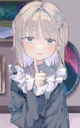 Rule 34 | 1girl, black shirt, blue eyes, blush, closed mouth, frilled shirt collar, frills, grey hair, highres, index finger raised, long sleeves, looking at viewer, medium hair, mole, mole under eye, original, painting (object), shirt, solo, straight-on, tongue, tongue out, uo yuo, upper body