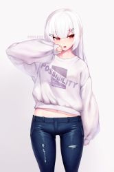 Rule 34 | 1girl, blue pants, blush, clothes writing, denim, dev (dev0614), english text, gradient background, grey background, hair between eyes, hair ornament, hairclip, hand up, highres, jeans, long hair, long sleeves, looking away, looking to the side, midriff, navel, open mouth, original, pants, puffy long sleeves, puffy sleeves, red eyes, sleeves past wrists, solo, sweater, torn clothes, torn pants, white background, white hair, white sweater