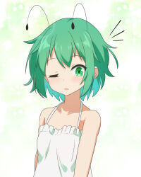Rule 34 | 1girl, alternate costume, antennae, blush, cato (monocatienus), commentary request, dress, expressionless, green eyes, green hair, highres, looking at viewer, medium bangs, notice lines, one eye closed, open mouth, short hair, solo, sundress, touhou, upper body, white background, white dress, wriggle nightbug