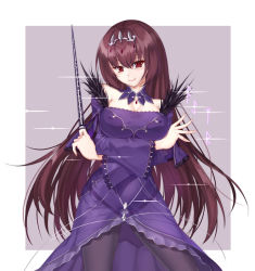 Rule 34 | 1girl, bare shoulders, breasts, caster (lostbelt), cleavage, dress, fate/grand order, fate (series), fur trim, grey background, hair between eyes, headpiece, jewelry, large breasts, long hair, looking at viewer, nichts (nil), purple dress, purple hair, red eyes, runes, scathach (fate), scathach skadi (fate), smile, solo, tiara, wand