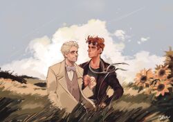 Rule 34 | 2boys, angel, aziraphale (good omens), black jacket, black shirt, blurry, bow, bowtie, brown vest, cloud, cloudy sky, crowley (good omens), demon, demon boy, depth of field, eyewear on head, flower, formal, good omens, hand on own hip, highres, jacket, looking at another, multiple boys, pinn-n, red hair, shirt, sky, slit pupils, string around neck, suit, sunflower, vest, white hair, white suit, yellow eyes