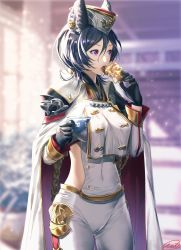 Rule 34 | 1girl, animal ears, armor, black gloves, black hair, breasts, buttons, commentary request, cup, double-breasted, eating, erune, food, food on face, gloves, granblue fantasy, hair between eyes, hat, highres, holding, holding cup, ilsa (granblue fantasy), indoors, jacket, jacket on shoulders, large breasts, matsuki tou, military, military hat, military jacket, military uniform, open mouth, pants, pie, pie slice, purple eyes, short hair, shoulder armor, solo, uniform, white pants, window