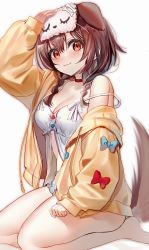 Rule 34 | 1girl, :3, adapted costume, animal collar, animal ears, babydoll, bare legs, barefoot, blush, braid, breasts, brown hair, camisole, cleavage, closed mouth, collar, commentary, dog ears, dog girl, dog tail, from side, full body, highres, hololive, inugami korone, inugami korone (1st costume), jacket, kawachi rin, long hair, looking at viewer, mask, mask on head, medium breasts, off shoulder, open clothes, open jacket, red collar, red eyes, seiza, simple background, sitting, sleep mask, smile, solo, strap slip, symbol-only commentary, tail, twin braids, virtual youtuber, white background, white camisole, yellow jacket