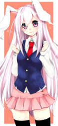 Rule 34 | 1girl, animal ears, bad id, bad nicoseiga id, black thighhighs, clenched hands, female focus, highres, long hair, long sleeves, looking at viewer, necktie, purple eyes, purple hair, rabbit ears, red necktie, reisen udongein inaba, simple background, skirt, smile, solo, thighhighs, touhou, very long hair, yutazou, zettai ryouiki