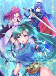 Rule 34 | 3girls, blue eyes, blue hair, breasts, cape, celica (fire emblem), cleavage, earrings, fingerless gloves, fire emblem, fire emblem: the blazing blade, fire emblem awakening, fire emblem echoes: shadows of valentia, fire emblem engage, gloves, green hair, hairband, highres, holding, jewelry, kakiko210, long hair, looking at viewer, lucina (fire emblem), lyn (fire emblem), medium breasts, multiple girls, nintendo, ponytail, red cape, red hair, thighs, tiara