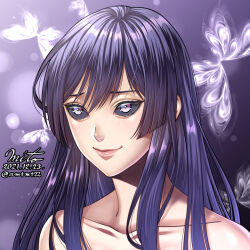 Rule 34 | 1girl, bare shoulders, black sclera, blunt ends, collarbone, colored sclera, commentary request, dated, eyebrows hidden by hair, highres, kengan (series), kure karura, long hair, mito amatsu, nude, portrait, purple background, purple eyes, purple hair, signature, smile, solo, twitter username