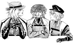 Rule 34 | 3girls, afterimage, chest strap, chief (path to nowhere), closed mouth, coat, coat on shoulders, collared shirt, commentary request, crossed arms, fedora, female chief (path to nowhere), gloves, greyscale, hat, highres, isakuu, langley (path to nowhere), looking at another, medium hair, monochrome, motion blur, multiple girls, necktie, nightingale (path to nowhere), own hands together, path to nowhere, shirt, sitting, smile, the weaker sex 1 (gibson), upper body