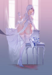 Rule 34 | 1girl, absurdres, ass, azur lane, bare shoulders, blue eyes, bouquet, breasts, cameltoe, clothes lift, dress, dress lift, elbow gloves, flower, frilled panties, frills, from behind, full body, garter straps, gloves, high heels, highres, illustrious (azur lane), indoors, jewelry, kneeling, kneepits, knees together feet apart, legs, long hair, looking back, mole, mole under eye, on one knee, panties, presenting, ring, sash, shoes, sideboob, silver hair, solo, stool, strapless, strapless dress, swd3e2, thigh gap, thighhighs, thighs, underwear, wedding band, wedding dress, white dress, white footwear, white gloves, white panties, white thighhighs, window