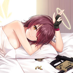 Rule 34 | 1girl, arknights, bed, bed sheet, black gloves, breasts, bullet, chinese commentary, cleavage, closed mouth, day, detached wings, exusiai (arknights), fingerless gloves, gloves, gun, hair between eyes, halo, indoors, jiushi shijiu, looking at viewer, lying, machine gun, medium breasts, naked sheet, naked towel, on side, one eye closed, orange eyes, pillow, red hair, short hair, smile, solo, sunlight, towel, upper body, v, weapon, window, wings