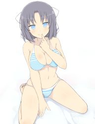 Rule 34 | 10s, 1girl, bare arms, bare shoulders, bikini, black hair, blue eyes, blush, bow, breasts, cleavage, closed mouth, collarbone, finger to mouth, highres, large breasts, looking at viewer, navel, polka dot, polka dot bikini, senran kagura, senran kagura shinovi versus, short hair, simple background, sitting, smile, solo, stomach, swimsuit, tosaka teru, white background, white bow, yumi (senran kagura)