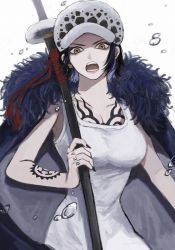 Rule 34 | 1girl, arm tattoo, black hair, black nails, chest tattoo, coat, coat on shoulders, finger tattoo, fur-trimmed coat, fur trim, genderswap, genderswap (mtf), hand up, hat, highres, holding, holding sheath, holding sword, holding weapon, nail polish, natake, one piece, open mouth, shade, sheath, sheathed, short hair, solo, sword, tank top, tattoo, trafalgar law, water drop, weapon, white background, white tank top, yellow eyes