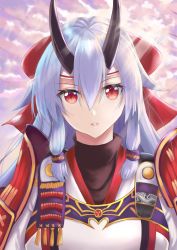 Rule 34 | 1girl, armor, fate/grand order, fate (series), hair between eyes, hair ribbon, headband, highres, horns, japanese armor, japanese clothes, kurokku, long hair, looking at viewer, oni horns, parted lips, red eyes, ribbon, silver hair, solo, tomoe gozen (fate), upper body