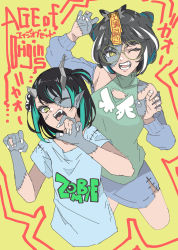 Rule 34 | 2girls, nanashi inc., absurdres, age of origin, alternate costume, alternate eye color, animare, black hair, blue hair, blue shirt, breasts, colored skin, commentary request, cone hair bun, demon girl, demon horns, flat chest, glasses, grey skin, grey skirt, hair bun, highres, horns, looking at viewer, medium breasts, multicolored hair, multiple girls, ofuda, one eye closed, one side up, open mouth, oura rukako, outstretched arms, panyatteria, patchwork skin, pointy ears, round eyewear, shirt, shishio chris, short hair, short sleeves, skirt, smile, streaked hair, sugar lyric, two-tone hair, upper body, virtual youtuber, white hair, yellow-framed eyewear, yellow background, yellow eyes, zombie, zombie pose, zombification