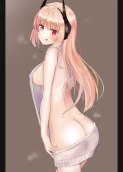 Rule 34 | 1girl, arched back, arm at side, ass, bare arms, bare back, bare shoulders, black border, blush, border, breasts, butt crack, cla (finesoda), closed mouth, covered erect nipples, girls&#039; frontline, grey background, hand on own thigh, headgear, highres, large breasts, long hair, looking at viewer, looking back, m4 sopmod ii (girls&#039; frontline), meme attire, multicolored hair, naked sweater, pink hair, red eyes, red hair, sideboob, simple background, steaming body, streaked hair, sweater, tongue, tongue out, virgin killer sweater, white sweater