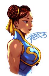 Rule 34 | 1990s (style), 1girl, breasts, brown eyes, brown hair, capcom, chun-li, colorized, commentary, completion time, double bun, from side, hair ribbon, highres, large breasts, lips, nose, portrait, ribbon, robaato, sleeveless, solo, street fighter, street fighter zero (series), upper body, vest