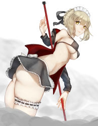 Rule 34 | 1girl, aito, artoria pendragon (fate), artoria pendragon (alter swimsuit rider) (fate), ass, bikini, bikini skirt, black bikini, black jacket, black skirt, blonde hair, breasts, commentary request, fate/grand order, fate (series), from side, highres, jacket, looking at viewer, maid headdress, medium breasts, miniskirt, navel, skirt, solo, swimsuit, underboob, yellow eyes