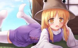 Rule 34 | 1girl, animal print, blonde hair, blue sky, blush, clothes lift, cloud, day, female focus, frog print, hair ribbon, hand in own hair, hat, highres, leg up, long sleeves, looking at viewer, lying, lzh, moriya suwako, no shoes, on stomach, open mouth, ribbon, shirt, shirt lift, skirt, skirt set, sky, solo, tatami, thighhighs, touhou, vest, white thighhighs, wide sleeves, yellow eyes, zettai ryouiki