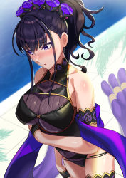 Rule 34 | 1girl, armlet, bare shoulders, beppu mitsunaka, black gloves, black one-piece swimsuit, blush, breasts, collarbone, fate/grand order, fate (series), flower, gloves, gold trim, hair flower, hair ornament, hair up, half gloves, highres, large breasts, long hair, looking to the side, murasaki shikibu (fate), murasaki shikibu (swimsuit rider) (fate), murasaki shikibu (swimsuit rider) (first ascension) (fate), one-piece swimsuit, open mouth, purple eyes, purple hair, shawl, swimsuit