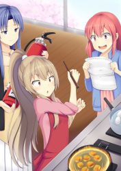 Rule 34 | 3girls, absurdres, apron, black jacket, blue eyes, blue hair, blue jacket, blush, brown eyes, brown hair, brown shirt, chopsticks, collarbone, copyright request, dress, egg, fingernails, fire extinguisher, food, hair between eyes, high ponytail, highres, holding, holding chopsticks, indoors, jacket, jewelry, long hair, mijinko (rioriorio), multiple girls, open clothes, open jacket, parted bangs, parted lips, pendant, pink dress, pink shirt, pleated dress, pleated skirt, ponytail, red apron, red eyes, red hair, shirt, short sleeves, sidelocks, skirt, sleeves pushed up, sweat, v-shaped eyebrows, very long hair, water, white skirt, wooden floor