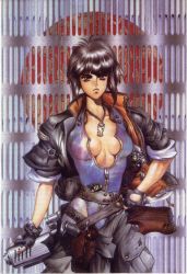 Rule 34 | 1980s (style), 1girl, belt, black hair, breasts, cleavage, combat knife, fingerless gloves, ghost in the shell, gloves, gun, handgun, highres, holster, huge weapon, jacket, jewelry, knife, kusanagi motoko, leotard, multiple belts, necklace, retro artstyle, open clothes, open jacket, pistol, red eyes, retro artstyle, reverse grip, rifle, shirou masamune, short hair, shoulder holster, sleeves rolled up, solo, weapon