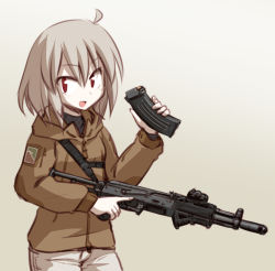 Rule 34 | 1girl, ahoge, aiming, aiming at viewer, ak-47, angled foregrip, assault rifle, bad id, bad pixiv id, beige background, black undershirt, blush, cowboy shot, folding stock, gradient background, grey hair, gun, gun sling, holding, holding gun, holding weapon, ikune juugo, jacket, kalashnikov rifle, long sleeves, looking at viewer, magazine (weapon), open mouth, original, patch, red eyes, reloading, rifle, simple background, sling (weapon), smile, solo, stock (firearm), trigger discipline, tsurime, weapon