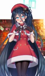 Rule 34 | 1girl, :d, absurdly long hair, absurdres, aris (blue archive), bad id, bad pixiv id, beret, black gloves, black hair, black pantyhose, blue archive, blue eyes, blurry, blurry background, blush, breasts, bright pupils, capelet, christmas, depth of field, dress, fur-trimmed capelet, fur trim, gloves, hair between eyes, hair ribbon, halo, hat, heart, heart hands, highres, long hair, long hair between eyes, looking at viewer, one side up, open mouth, pantyhose, red capelet, red dress, red hat, reneua, ribbon, ringed eyes, santa costume, small breasts, smile, solo, standing, very long hair, white pupils