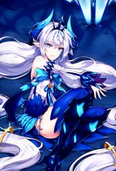 Rule 34 | 1girl, blue background, blue bow, blue eyes, blue footwear, boots, bow, detached sleeves, elsword, highres, horns, long hair, luciela r. sourcream, noblesse (elsword), parted lips, skirt, smile, solo, thigh boots, thighhighs, twintails, white hair, zerocat
