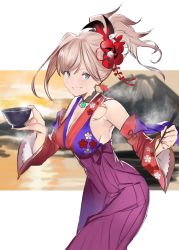 Rule 34 | 1girl, absurdres, armpits, blue eyes, bowl, breasts, chopsticks, cleavage, crosshatching, detached sleeves, fate/grand order, fate (series), floral print, flower, hair flower, hair ornament, hatching (texture), highres, jikatarou, magatama, magatama necklace, miyamoto musashi (fate), mountain, necklace, pink hair, ponytail, smile, solo