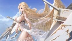 Rule 34 | 1girl, absurdres, artillery, azur lane, blonde hair, blue eyes, blue sky, breasts, brest (azur lane), chinese commentary, clothing cutout, cloud, cloudy sky, dress, feathered wings, from side, highleg, highleg panties, highres, huge breasts, huijin zhi ling, leotard, long dress, long hair, panties, pointy ears, revealing clothes, rigging, see-through, sky, sleeveless, sleeveless dress, solo, turret, underboob cutout, underwear, very long hair, walking, water, white dress, white leotard, wings, yellow wings