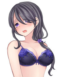 Rule 34 | 1girl, bare shoulders, black hair, blush, bra, breasts, cleavage, commentary request, embarrassed, highres, long hair, neit ni sei, open mouth, original, ponytail, purple eyes, solo, sweat, underwear, upper body