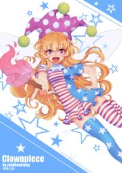 Rule 34 | 1girl, american flag dress, american flag legwear, artist name, blonde hair, blue background, breasts, character name, clownpiece, contrapposto, dated, dress, fairy wings, fire, foreshortening, hand on own hip, hat, jester cap, long hair, looking at viewer, medium breasts, multicolored background, neck ruff, open mouth, pinky out, purple eyes, purple fire, purple hat, short sleeves, smile, solo, standing, star (symbol), striped clothes, striped dress, thighhighs, torch, touhou, white background, wings, wuxu you de zuobiao, zettai ryouiki