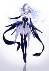 Rule 34 | 1girl, armor, black sleeves, black thighhighs, blue eyes, breasts, bridal gauntlets, cleavage cutout, clothing cutout, detached sleeves, faulds, floating hair, full body, hair between eyes, hair ornament, highres, leotard, long hair, long sleeves, looking at viewer, medium breasts, original, silver hair, simple background, solo, standing, thighhighs, very long hair, white background, yoaferia