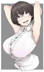 Rule 34 | 1girl, armpits, arms up, black hair, blouse, blush, body blush, bra, bra peek, bra visible through clothes, breasts, bursting breasts, commentary request, glasses, grey eyes, highres, huge breasts, ina (gokihoihoi), open mouth, original, purple bra, see-through, shirt, short hair, sleeveless, sleeveless shirt, slit pupils, smile, solo, thick eyebrows, underwear, upper body