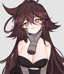Rule 34 | 1girl, absurdres, ahoge, bandaged arm, bandages, bare shoulders, black dress, blush, breasts, brown eyes, brown hair, cleavage, closed mouth, collarbone, disembodied limb, dress, frown, hair between eyes, hand on another&#039;s chin, head tilt, heart, heart ahoge, highres, large breasts, leaning forward, long hair, looking at viewer, messy hair, original, pov, pov hands, simple background, sketch, sky above me, strapless, strapless dress, v arms, very long hair