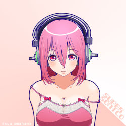 Rule 34 | 1girl, blush, breasts, cleavage, female focus, gradient background, headphones, large breasts, long hair, looking at viewer, nitroplus, pink hair, red eyes, smile, solo, strap slip, super sonico, syo amabane