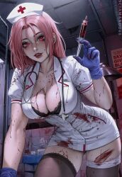 Rule 34 | 1girl, artist name, black bra, blood, blood on clothes, blue gloves, bra, breasts, chloe (sciamano240), cleavage, cross, dress, freckles, gloves, hat, highres, holding, holding syringe, indoors, lamp, large breasts, leaning forward, long hair, looking at viewer, nurse, nurse cap, original, pink eyes, pink hair, poster (object), red cross, sciamano240, short dress, short sleeves, stethoscope, syringe, thighhighs, tile wall, tiles, underwear, white dress