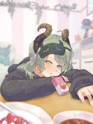 Rule 34 | 1girl, ahoge, black hoodie, blurry, blurry background, blurry foreground, blush, brown horns, character doll, commentary request, couch, curled horns, curry, food, fork, fruit, green hair, heterochromia, highres, hood, hood down, hoodie, horns, indoors, juice box, long sleeves, looking at viewer, low twintails, mask, mask on head, medium bangs, medium hair, mirror, nanashi inc., open mouth, pingu, pingu (series), pink nails, plant, plate, sekishiro mico, sleep mask, solo, strawberry, table, twintails, upper body, vines, virtual youtuber, yellow eyes, yunagi teguru